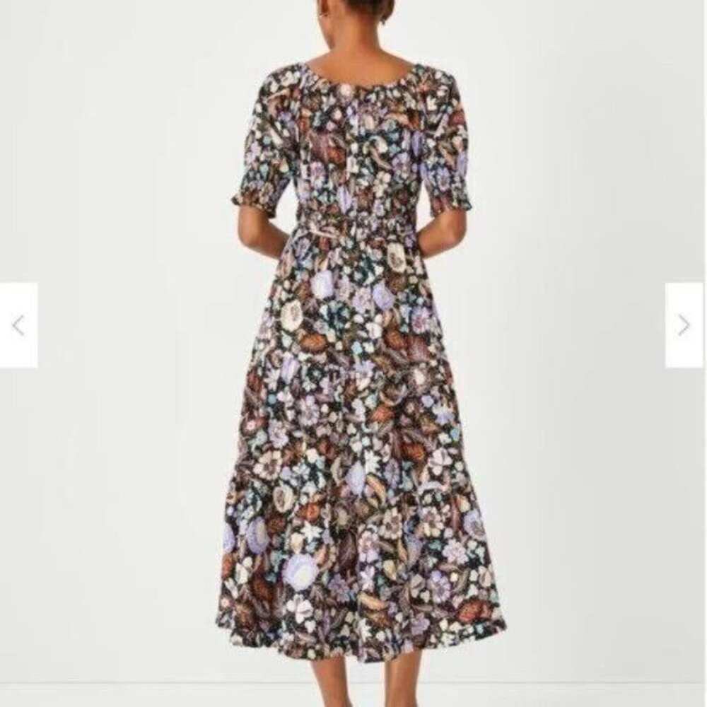 Ann Taylor Midi Dress 4 Floral Batik Puff Sleeve Tiered Flare - Picture 4 of 10